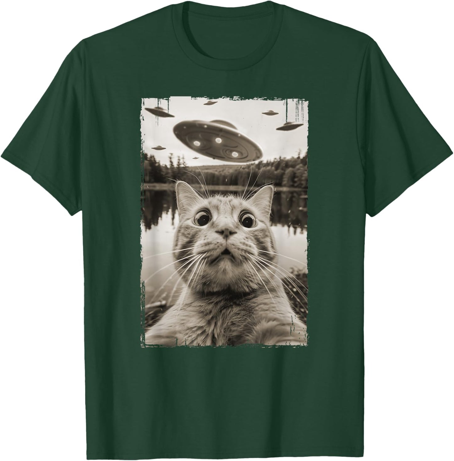 Vintage Cat UFO Encounters - Funny UFO and Cat Selfie Women Kids T-Shirt - T-Shirt | Forest