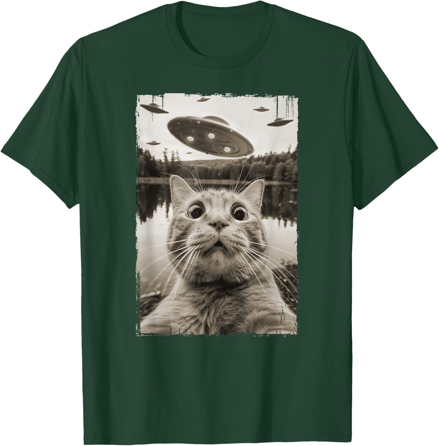 Vintage Cat UFO Encounters - Funny UFO and Cat Selfie Women Kids T-Shirt - T-Shirt | Forest