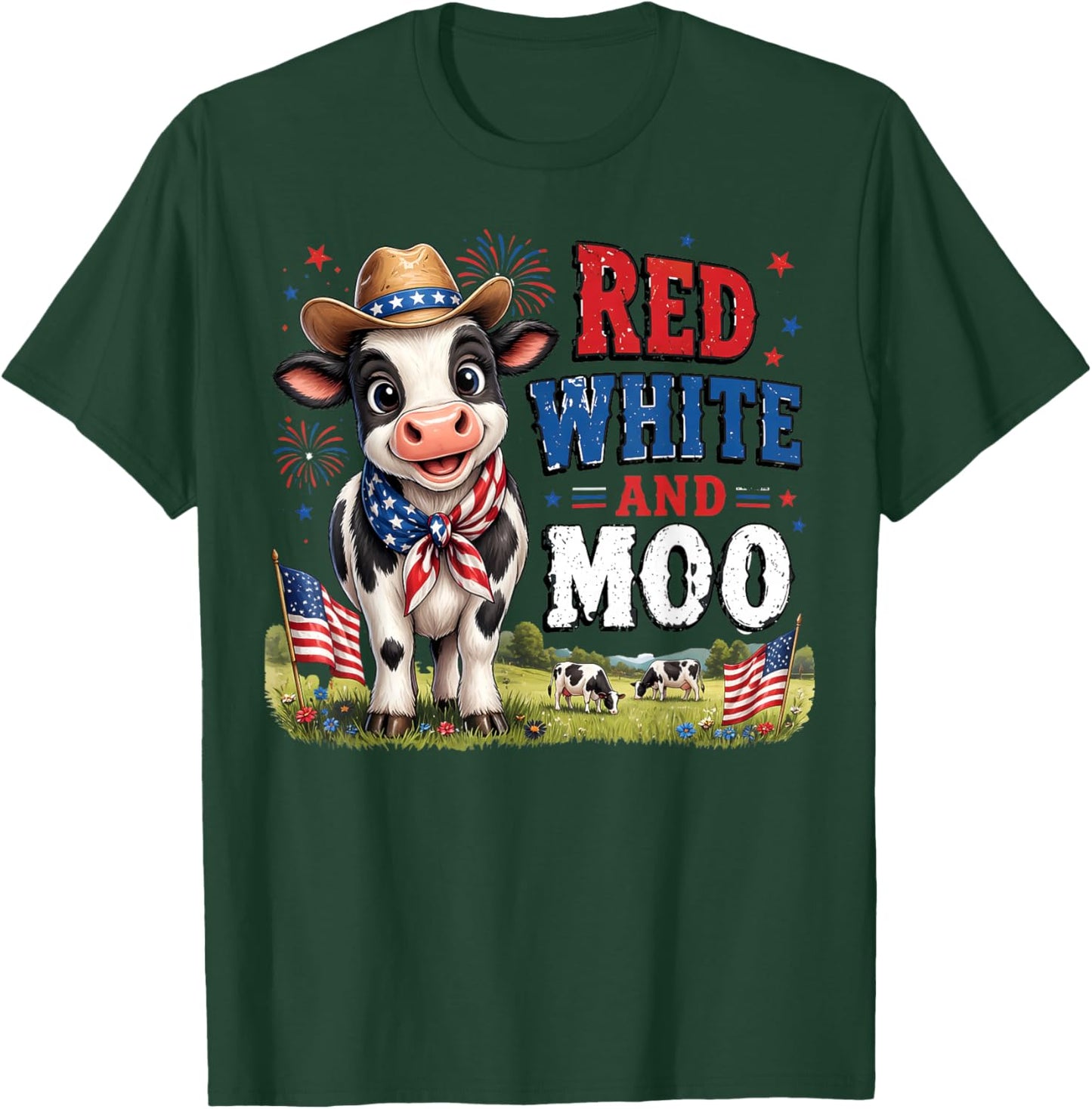 Red White and Moo Funny Cow 4th July Farm Life Independence T-Shirt - T-Shirt | Forest