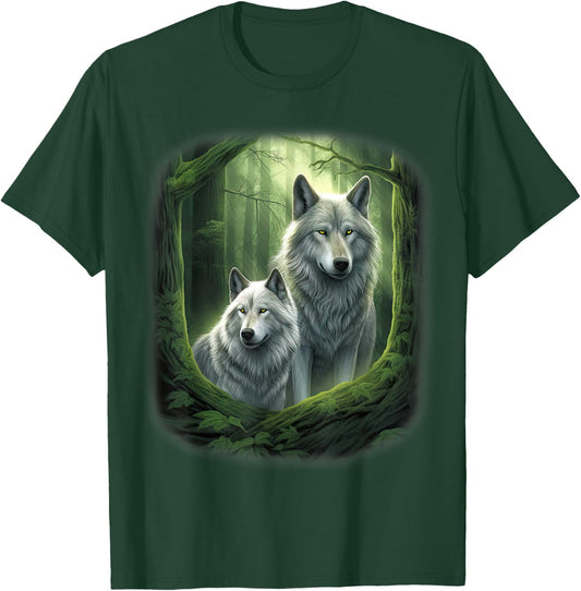 Wolf Wolves in Forest by Night Moon Fantasy Art Wildlife T-Shirt - T-Shirt | Forest
