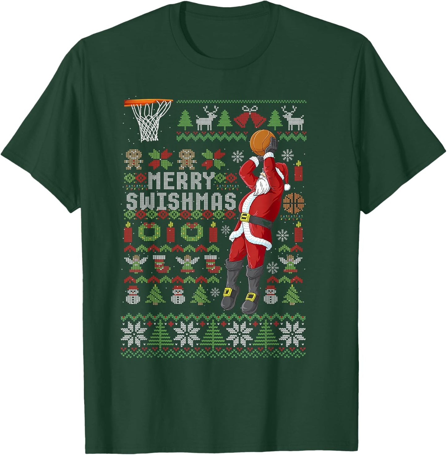 Merry Swishmas Ugly Christmas Basketball Christmas T-Shirt - T-Shirt | Forest