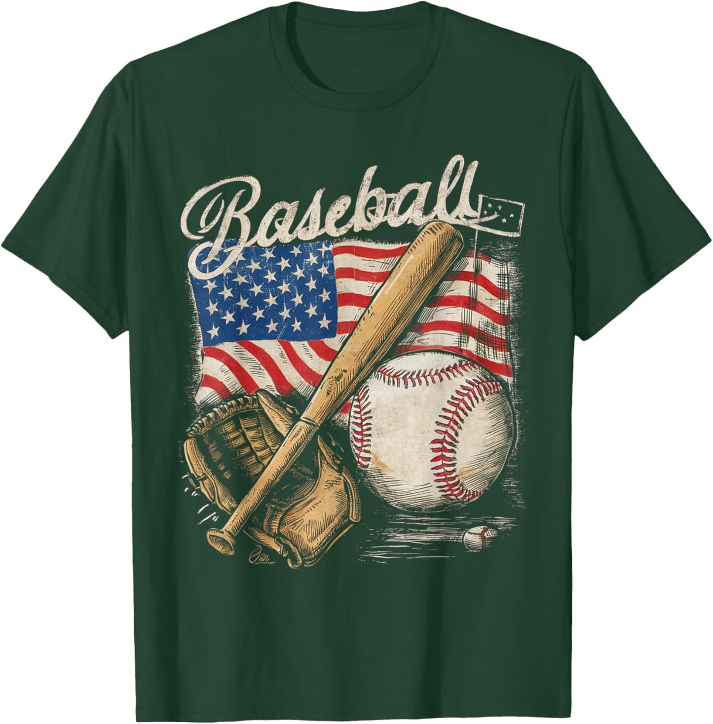 American Flag Baseball Player Bat Fan Catcher Pitcher USA T-Shirt - T-Shirt | Forest