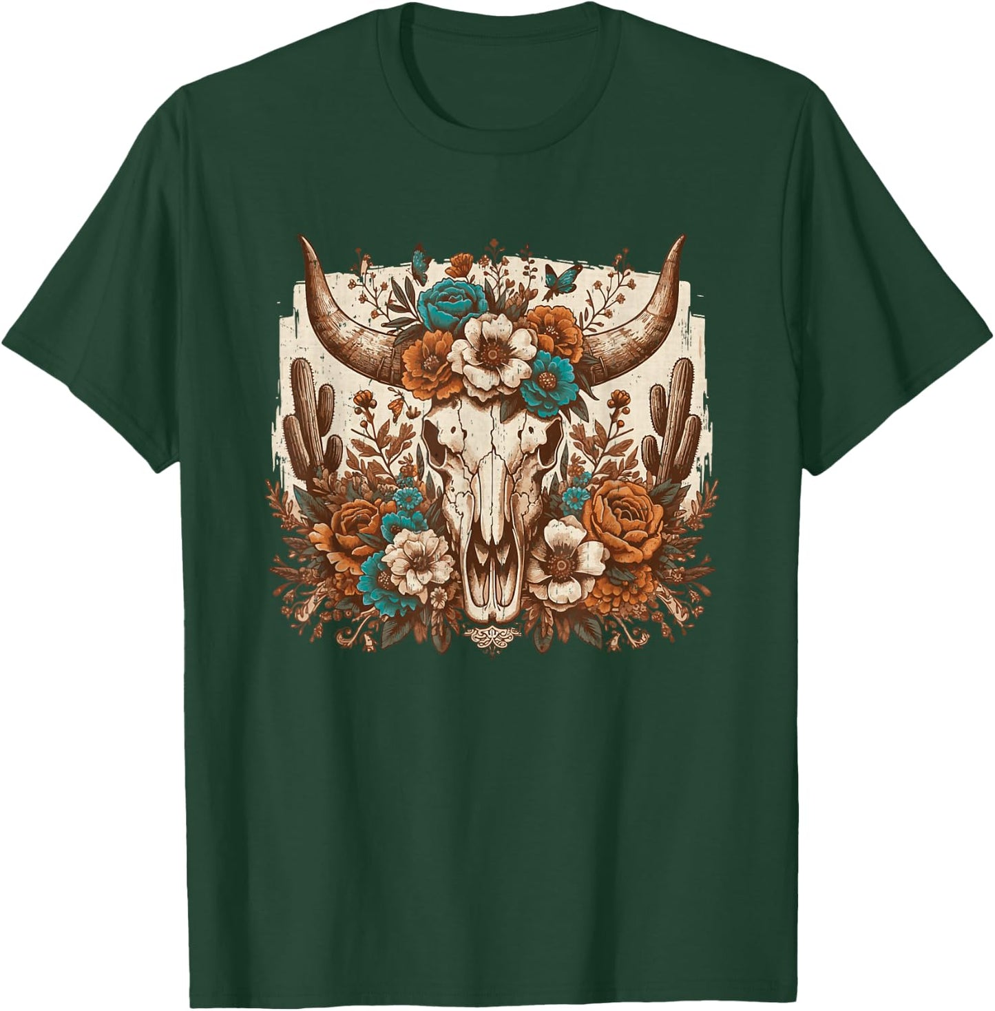 Western Boho Cow Bull Skull Flowers Wild West Country T-Shirt - T-Shirt | Forest