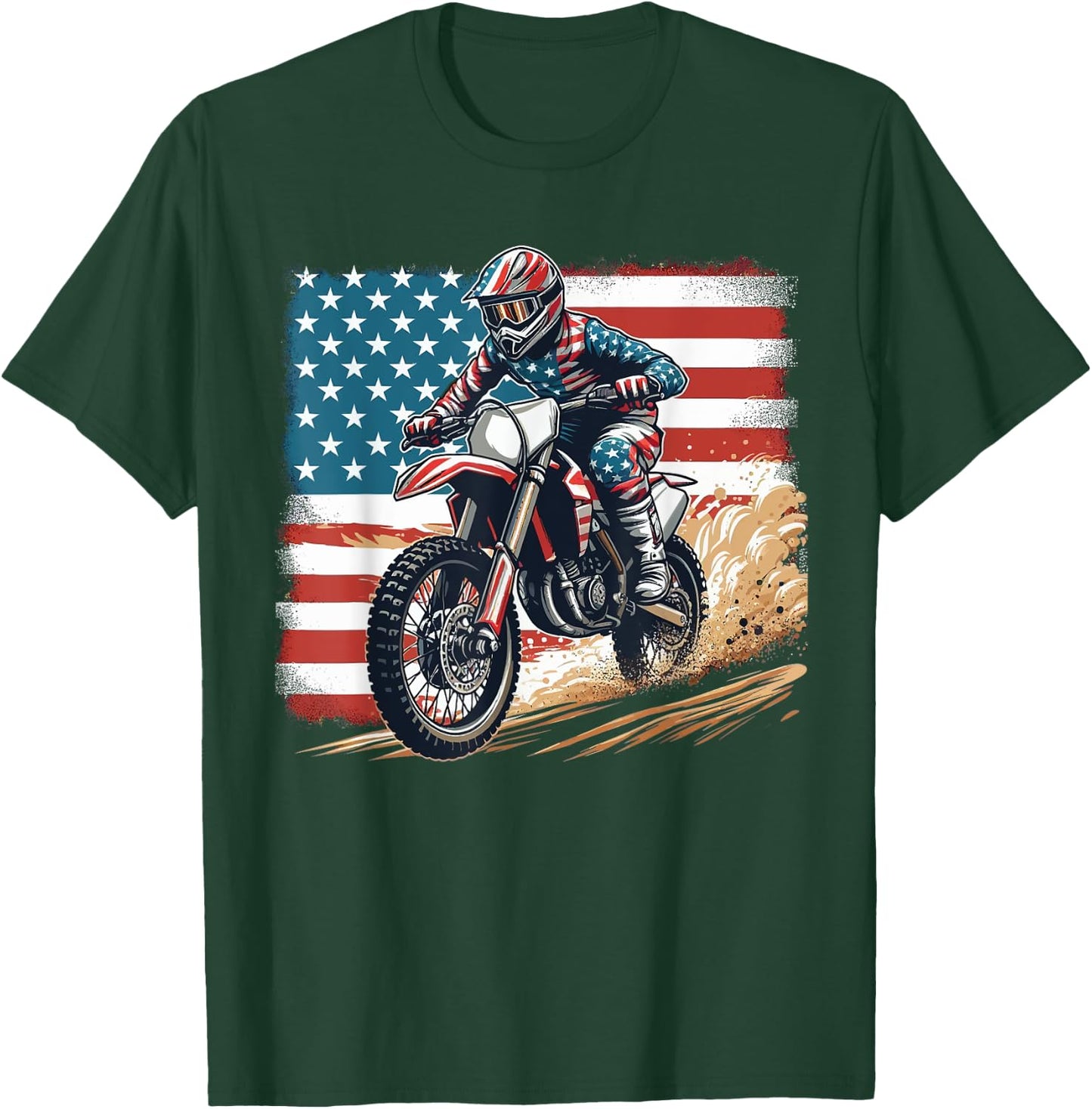Dirt Bike American Flag Motocross Biker Men Boys Vintage USA T-Shirt - T-Shirt | Forest