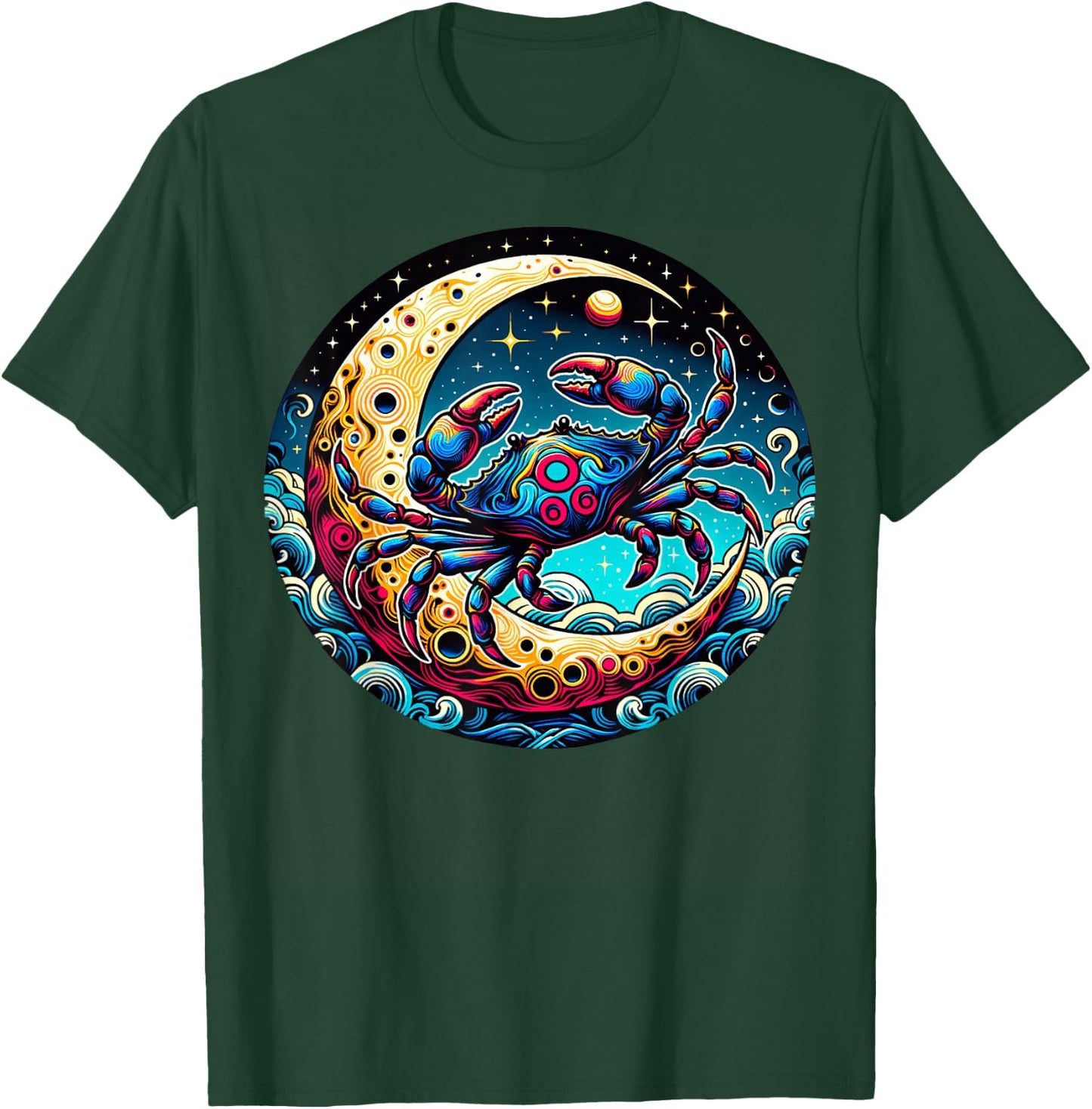 Colorful Abstract Crab On Crescent Moon With Waves And Stars T-Shirt - T-Shirt | Forest