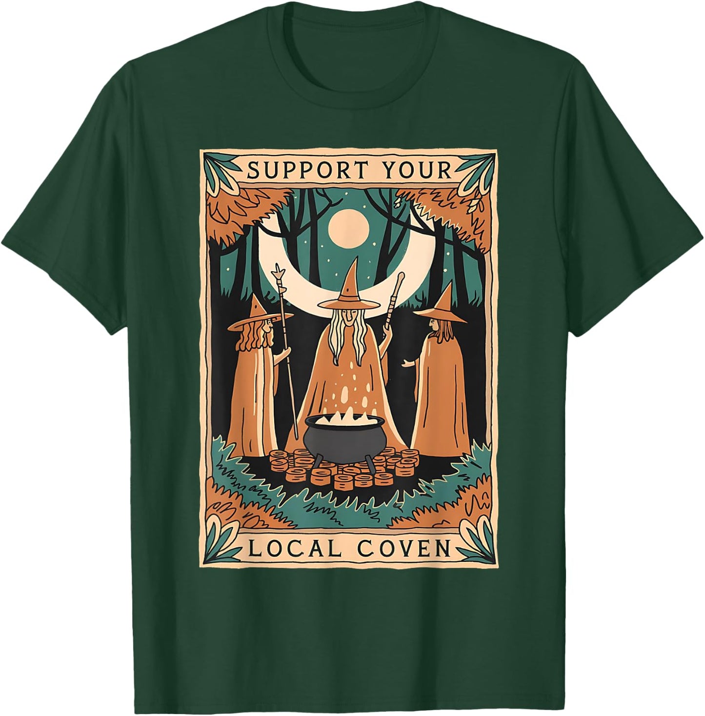 Support Your Local Coven Witch Wizard Tarot Card Halloween T-Shirt - T-Shirt | Forest