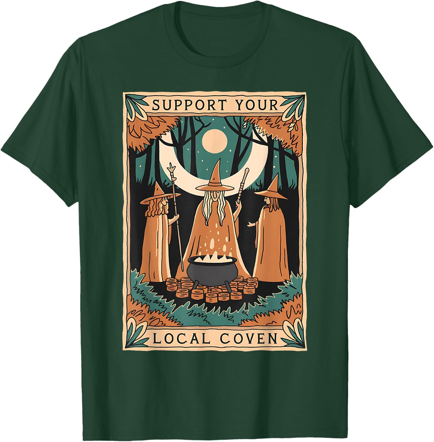 Support Your Local Coven Witch Wizard Tarot Card Halloween T-Shirt - T-Shirt | Forest