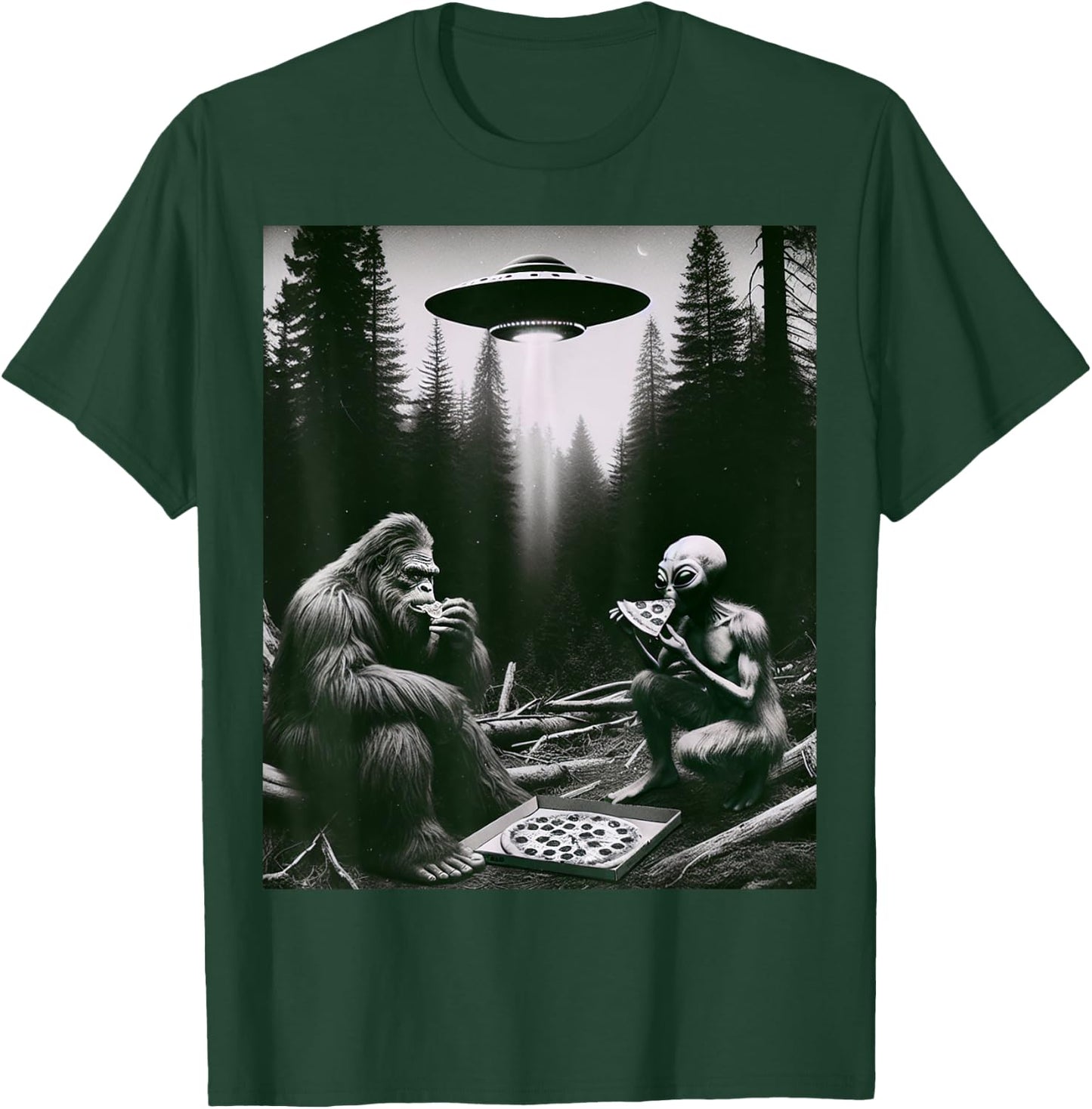 Funny Bigfoot With Alien Eating Pizza. Bigfoot And Alien UFO T-Shirt - T-Shirt | Forest