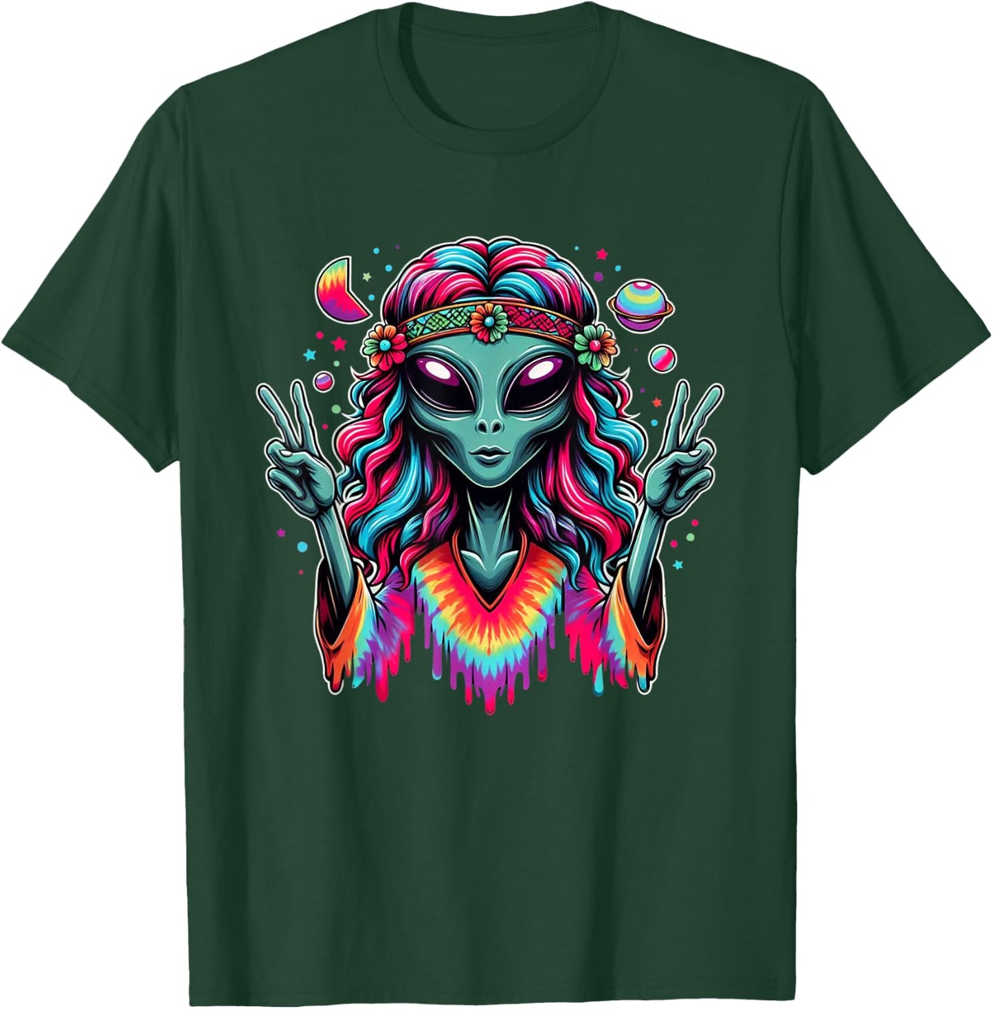 Tie Dye Alien Peace Sign Funny Boho Hippie T-Shirt - T-Shirt | Forest
