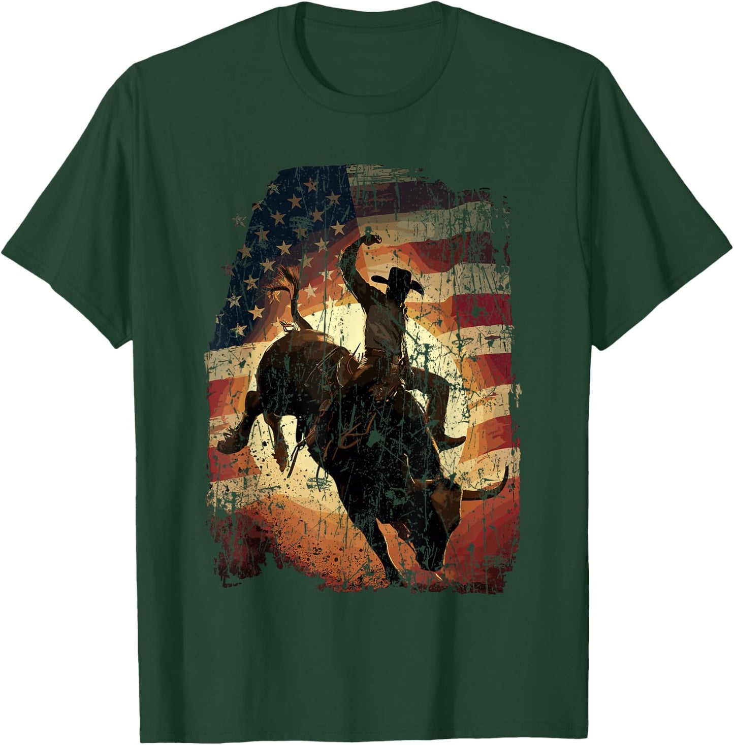 Rodeo Rider Bull Patriotic Cowboy USA Flag T-Shirt - T-Shirt | Forest