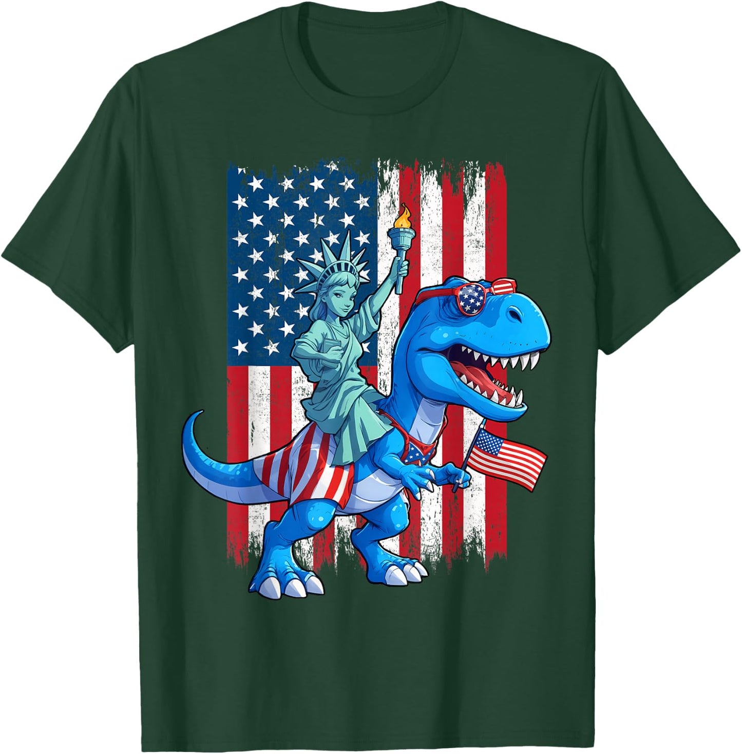 Dino Statue Of Liberty 4th Of July TRex American Flag Boys T-Shirt - T-Shirt | Forest