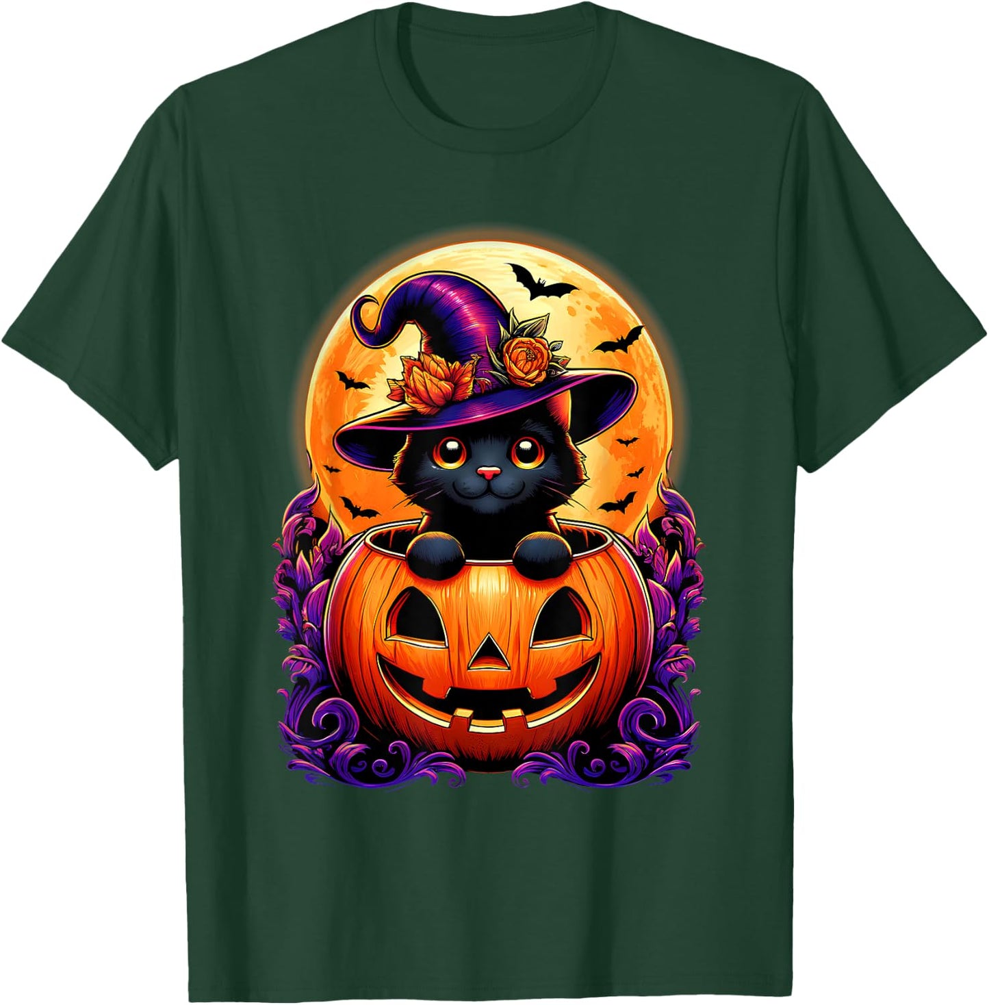 Black Cat Witch Hat Pumpkin Funny Halloween Men Women Kids T-Shirt - T-Shirt | Forest
