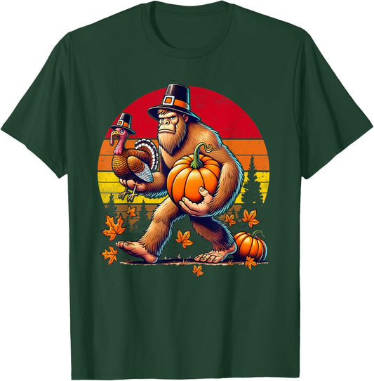 Bigfoot Pilgrim Turkey Pumpkin Sasquatch Retro Thanksgiving T-Shirt - T-Shirt | Forest