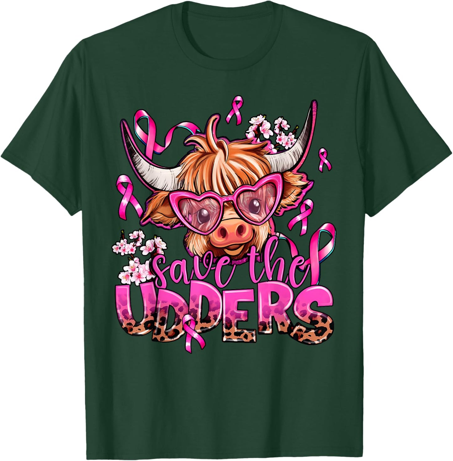 Save The Udders Highland Cow Pink Breast Cancer Awareness T-Shirt - T-Shirt | Forest