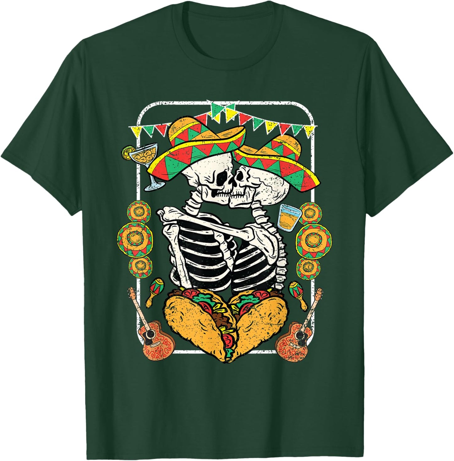 Skeleton Kissing Cinco De Mayo Mexican Sombrero Taco Heart T-Shirt - T-Shirt | Forest
