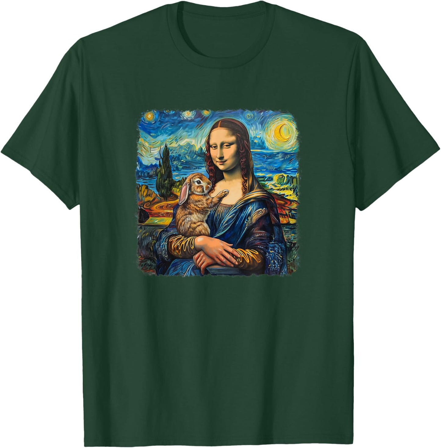 Mona Lisa with Rabbit Van Gogh Starry Night Painting T-Shirt - T-Shirt | Forest