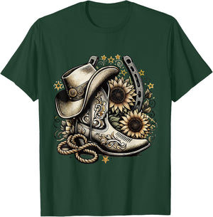 Western Cowboy Boot Horseshoe Sunflower Rope Cowgirl country , Small, Black T-Shirt - T-Shirt | Forest