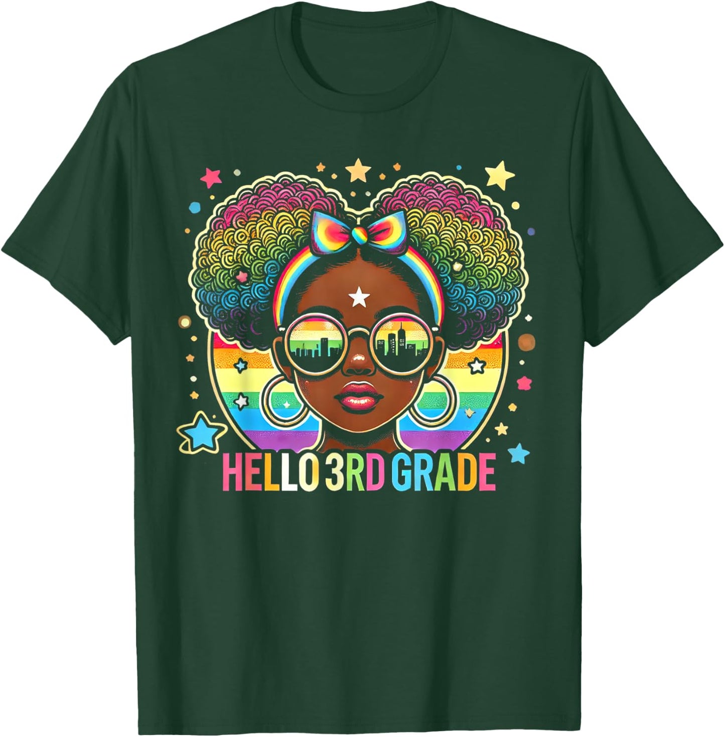 Hello 3rd Grade Black Messy Bun Girls Kids Back To School T-Shirt - T-Shirt | Forest