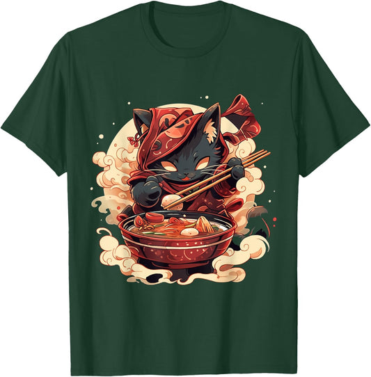 Japanese Art Ramen Cat Ninja Ukiyo-e Anime Style Samurai Cat T-Shirt - T-Shirt | Forest