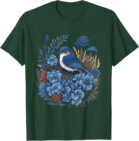 Funny & Cute Aesthetic Cottagecore floral bluebird Women Men T-Shirt - T-Shirt | Forest