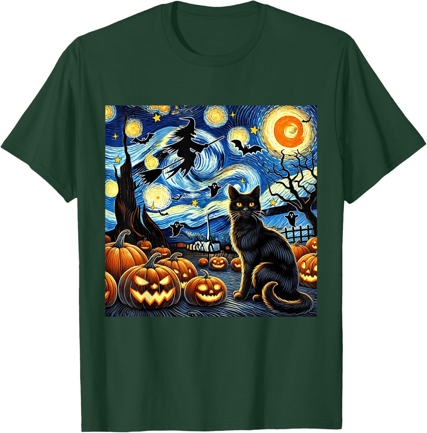 Halloween Cat Van Gogh Starry Night Witch Bats Pumpkin Women Kids T-Shirt - T-Shirt | Forest
