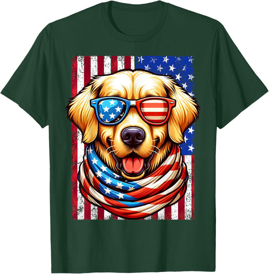 Golden Retriever Dog USA Flag American Patriotic 4th of July T-Shirt - T-Shirt | Forest