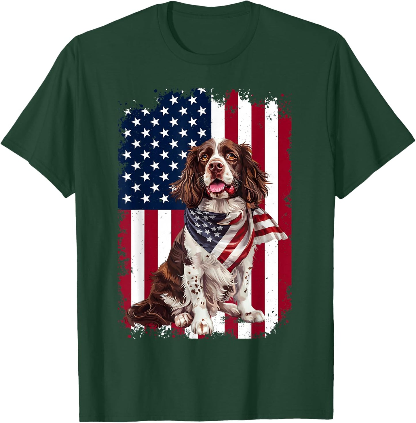 English Springer Spaniel Dog American Flag 4th Of July Gifts T-Shirt - T-Shirt | Forest
