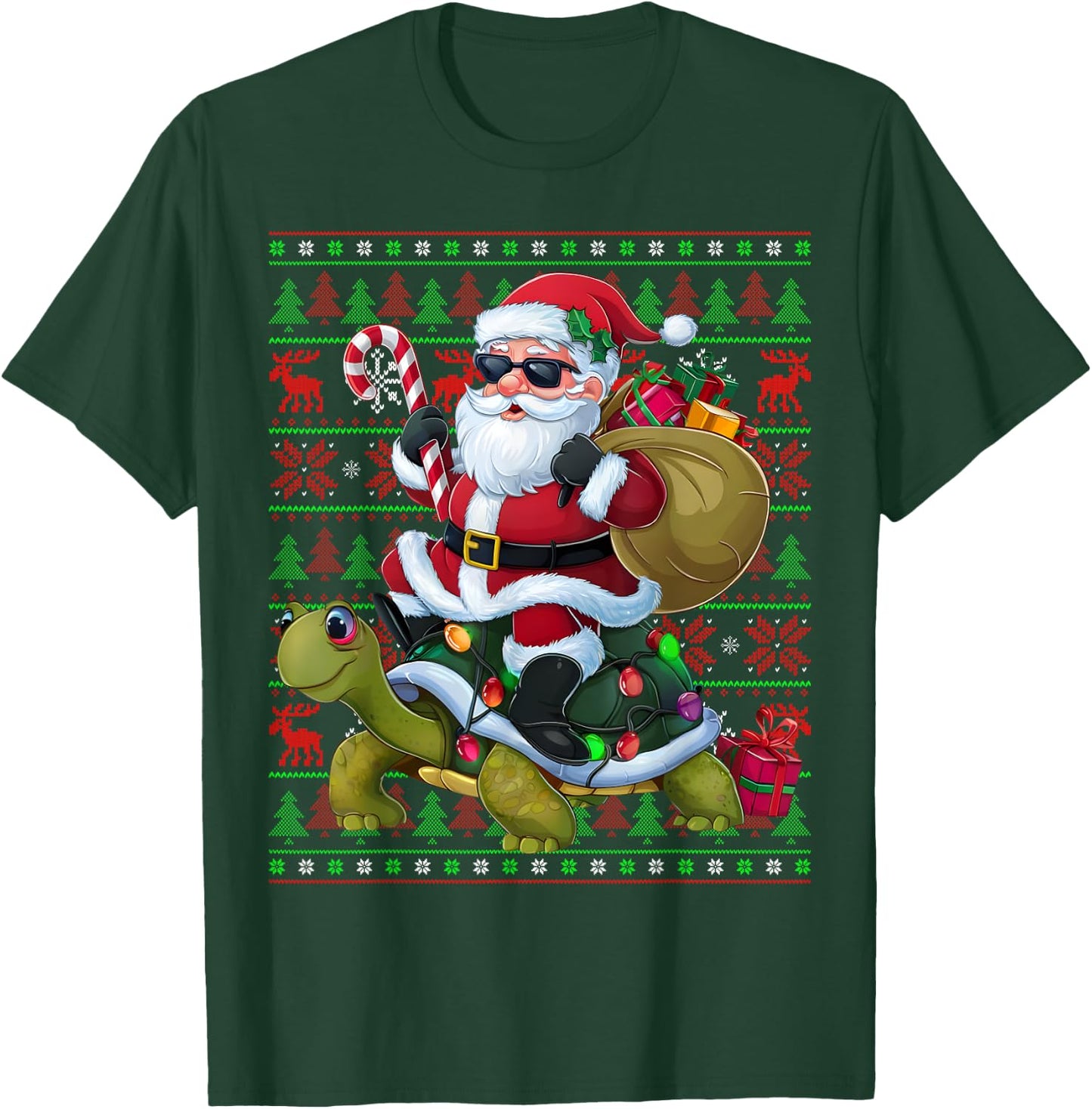 Ugly Xmas Lights Funny Santa Riding Turtle Christmas T-Shirt - T-Shirt | Forest