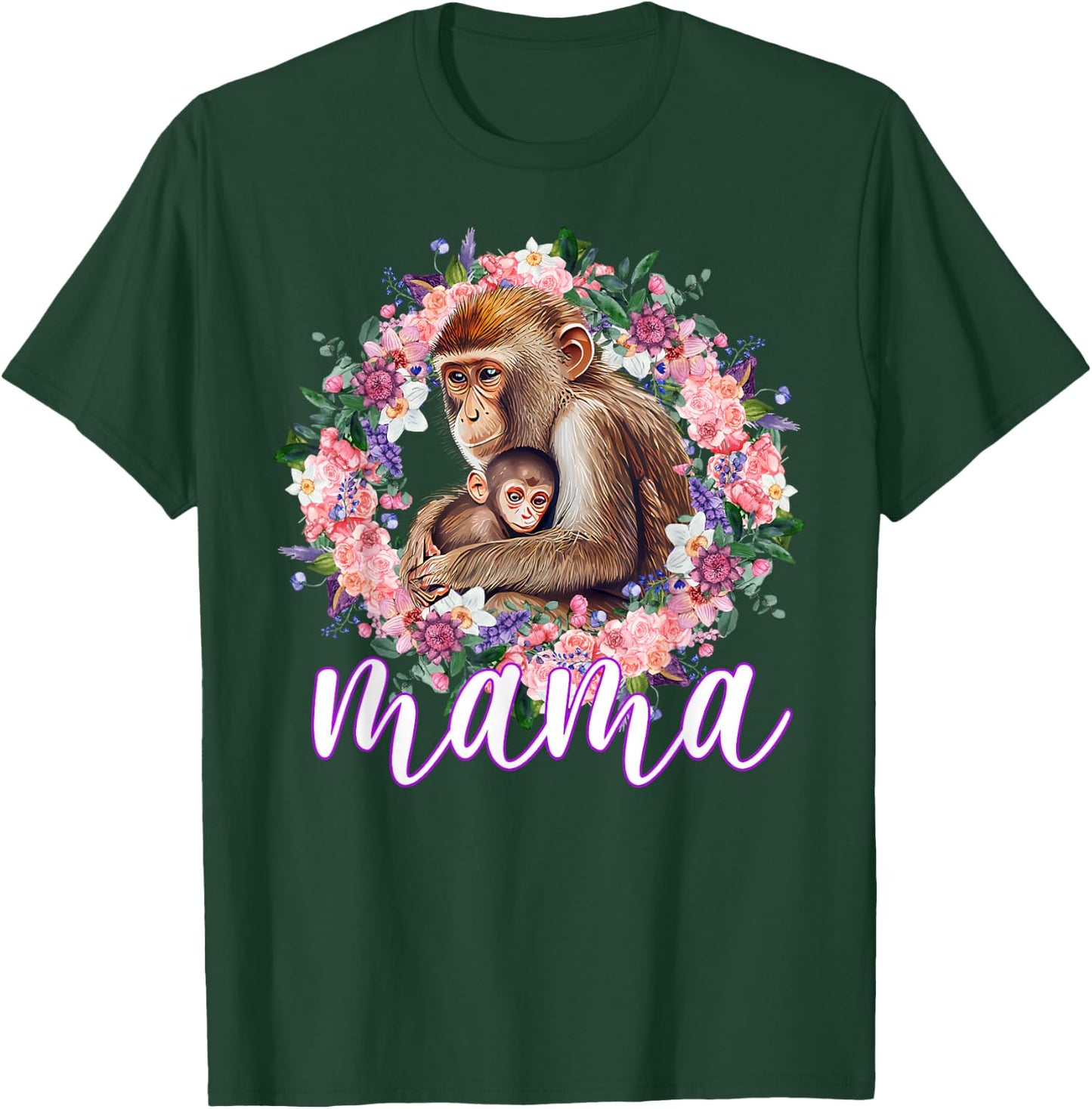 Flowers Mom & Cute Baby Monkey - Animal Mama Mother's Day T-Shirt - T-Shirt | Forest