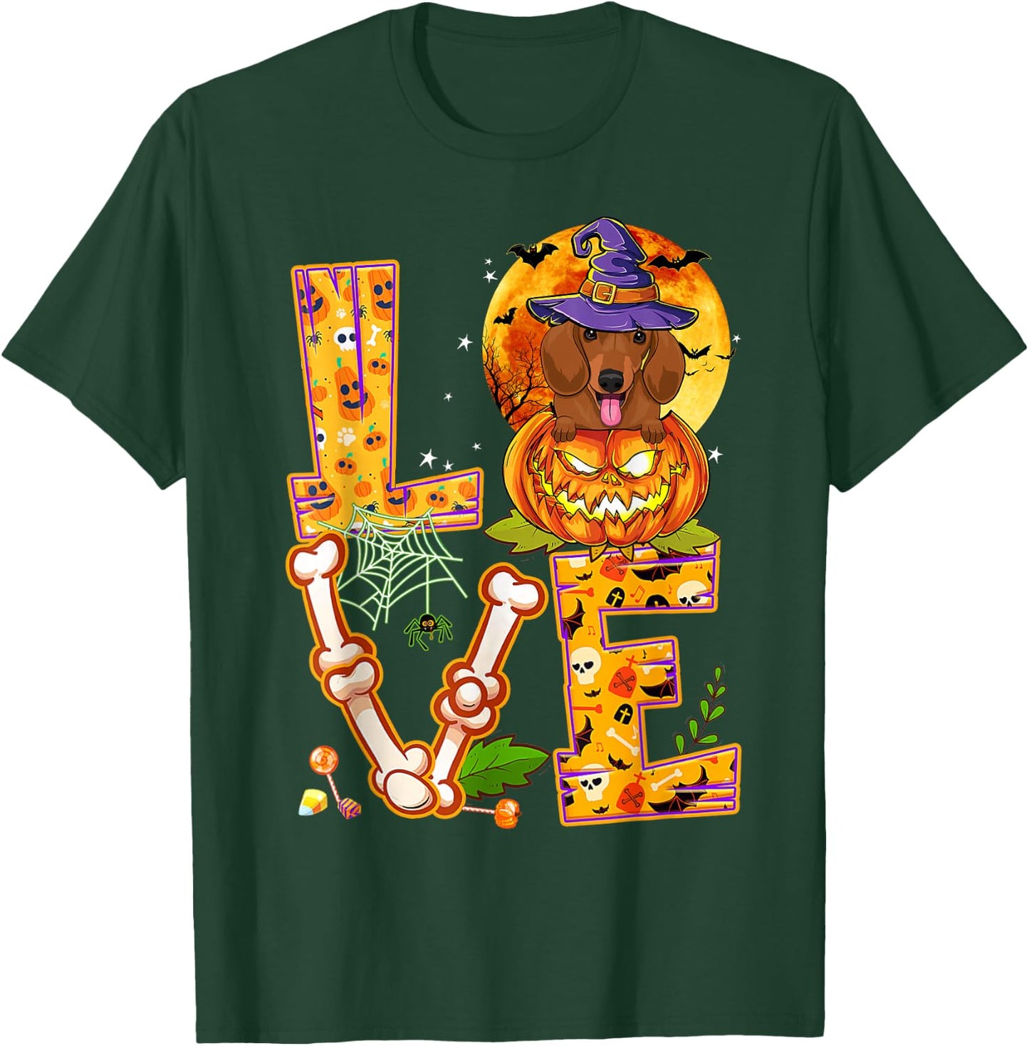 Love Dachshund Witch Pumpkin Scary Halloween Dog Lovers T-Shirt - T-Shirt | Forest