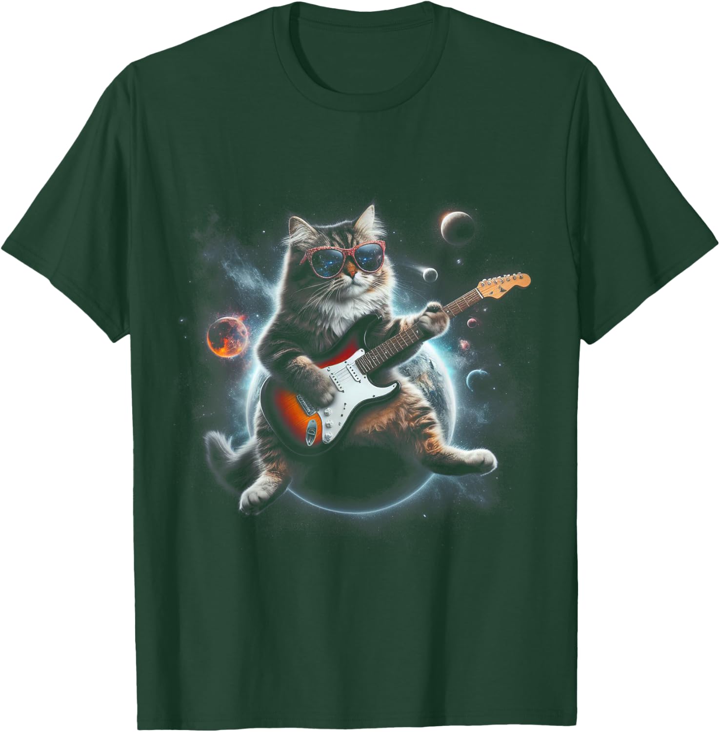 Rock Cat Playing Guitar Electric in space Funny kitty Galaxy Women Kids T-Shirt - T-Shirt | Forest