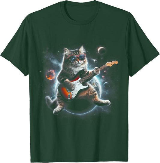 Rock Cat Playing Guitar Electric in space Funny kitty Galaxy Women Kids T-Shirt - T-Shirt | Forest