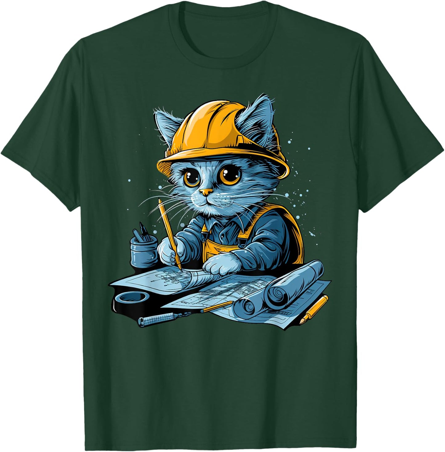 Cute working Cat Civil Engineer Technician Men Women T-Shirt - T-Shirt | Forest