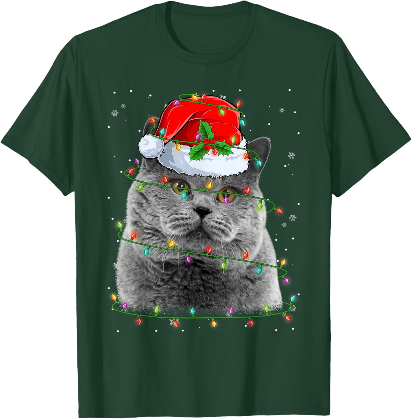 Funny British Shorthair Cat Santa Hat Christmas Tree Lights T-Shirt - T-Shirt | Forest
