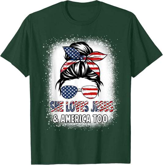 American Flag She Loves Jesus & America Too Christian Girl T-Shirt - T-Shirt | Forest