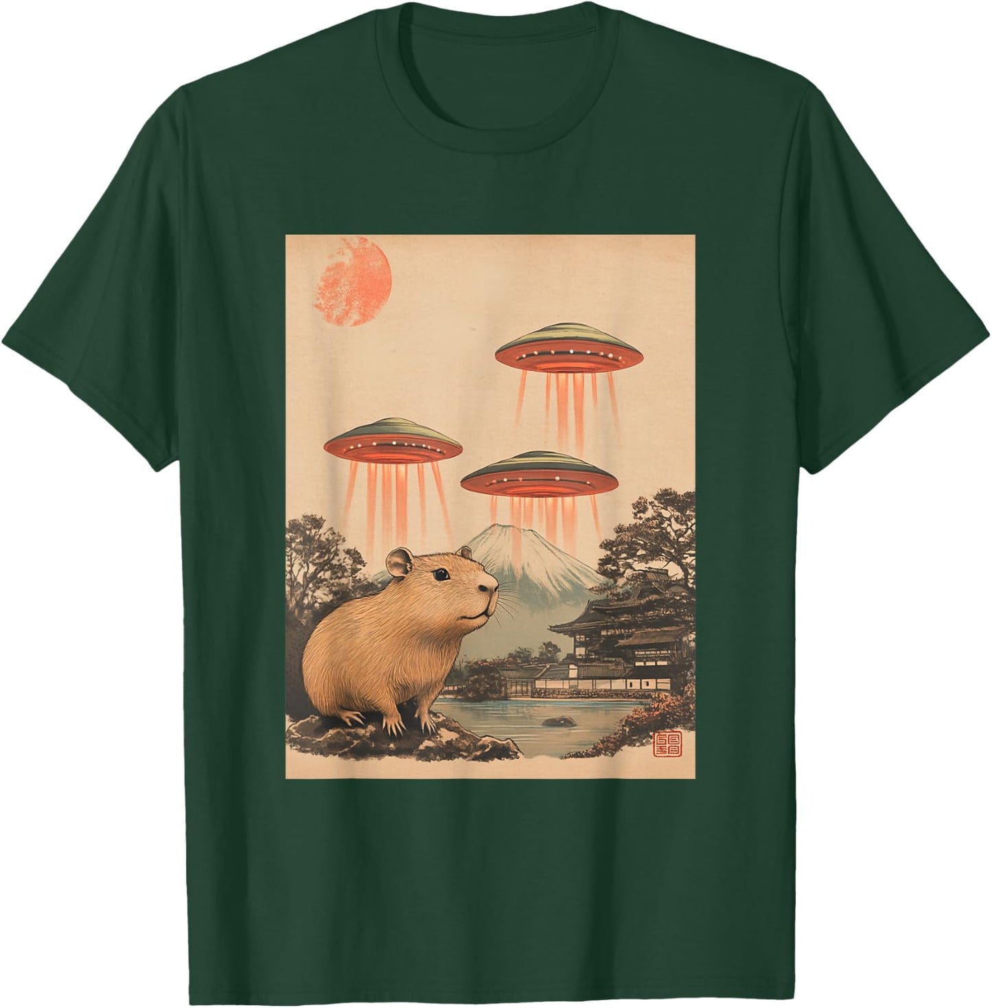 Vintage Japan Art Japanese Retro Print Capybara with UFOs T-Shirt - T-Shirt | Forest