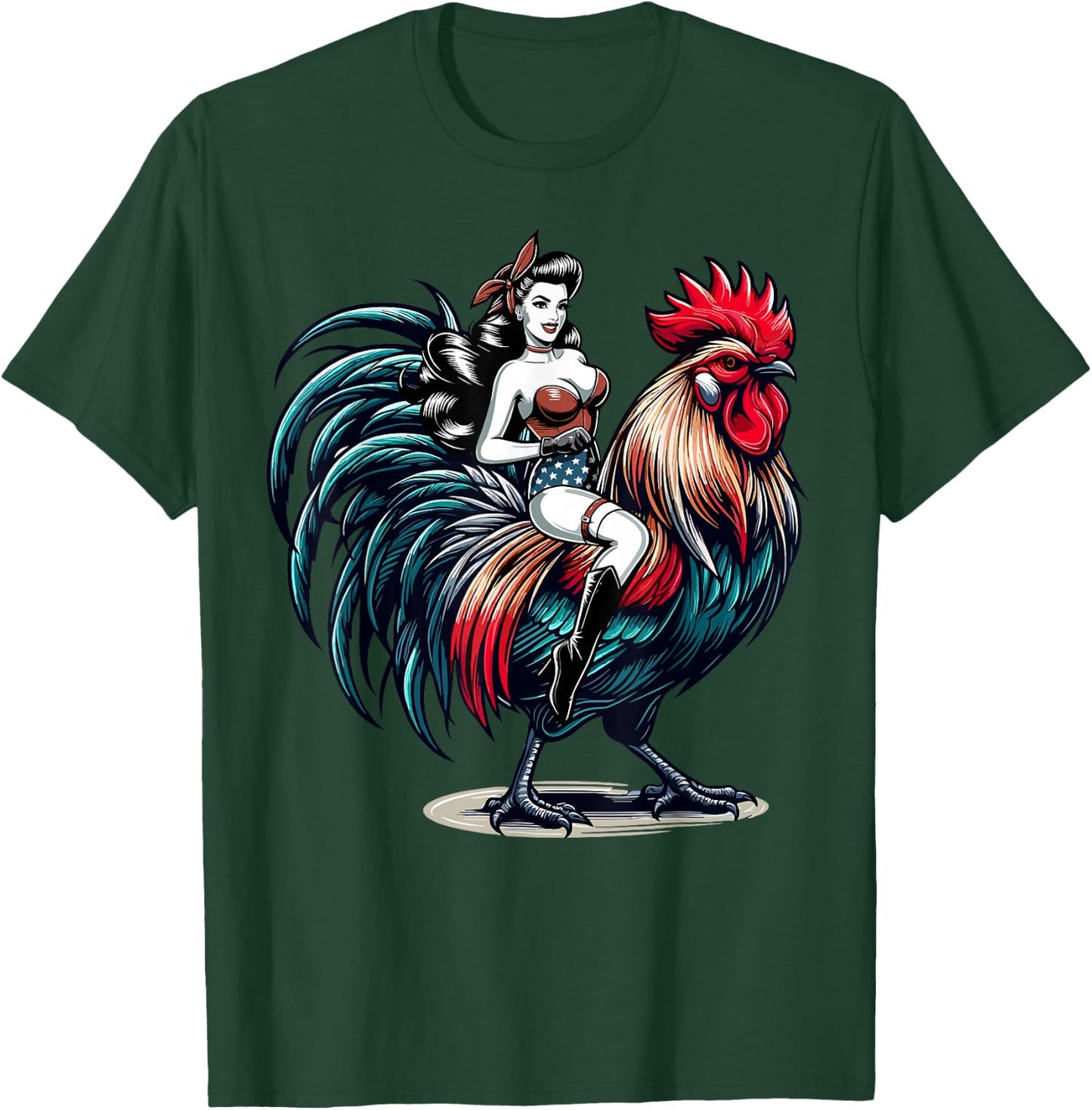 Pin-Up Girl Riding Rooster Vintage Patriotic T-Shirt - T-Shirt | Forest