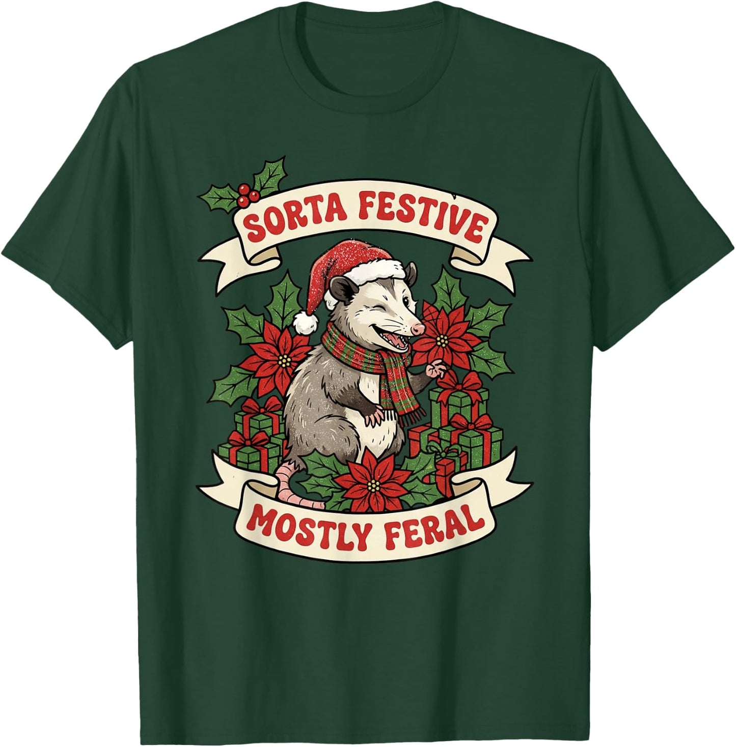 Sorta Festive Mostly Feral Opossum Funny Christmas Holiday T-Shirt - T-Shirt | Forest