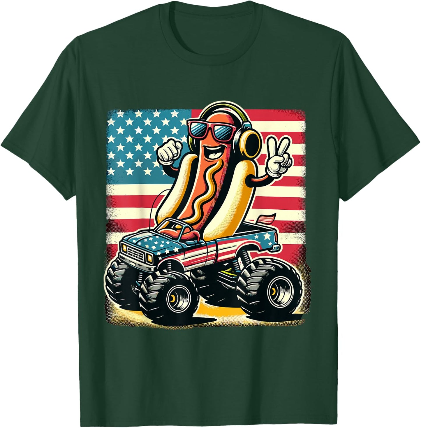 Monster Truck 4th Of July Hotdog Peace Sign American Flag T-Shirt - T-Shirt | Forest