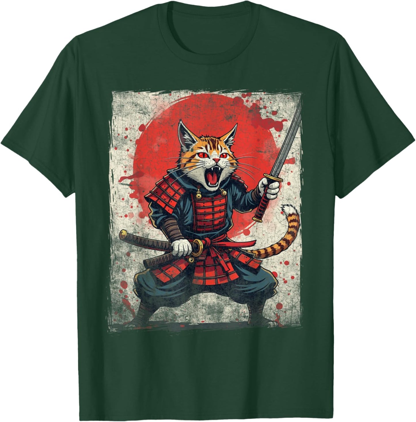 Samurai Cat Ukiyo-e Warrior Art Vintage Ninja Cat Graphic T-Shirt - T-Shirt | Forest