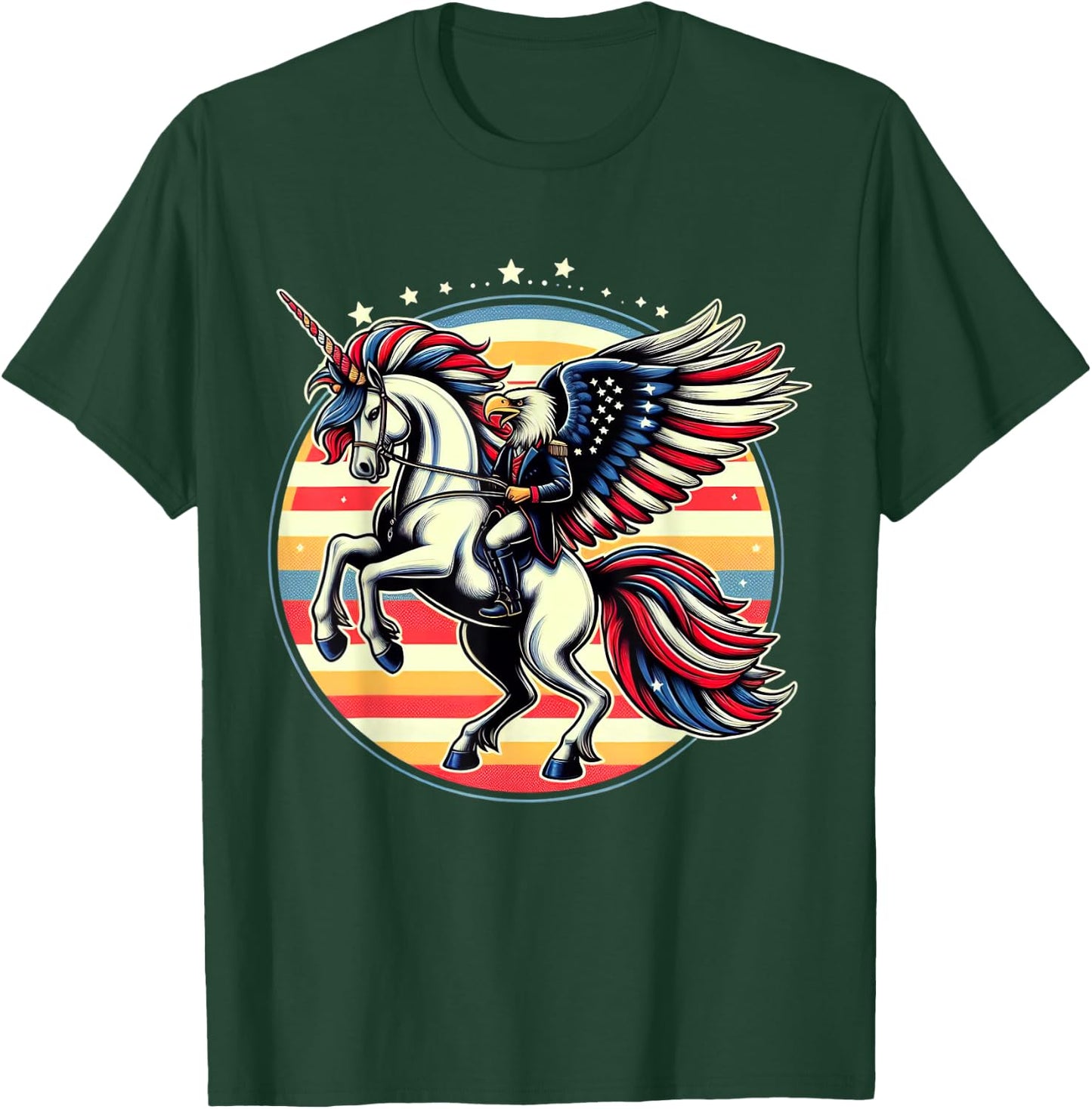 Bald Eagle Riding Unicorn 4th Of July American Flag Women Kids Men T-Shirt - T-Shirt | Forest