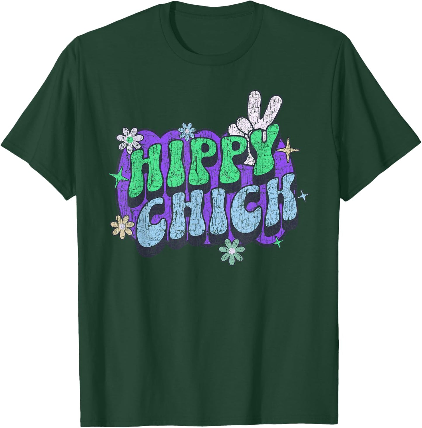 Hippy Chick, Women Girl Cute Retro Saying Hippie Floral T-Shirt - T-Shirt | Forest