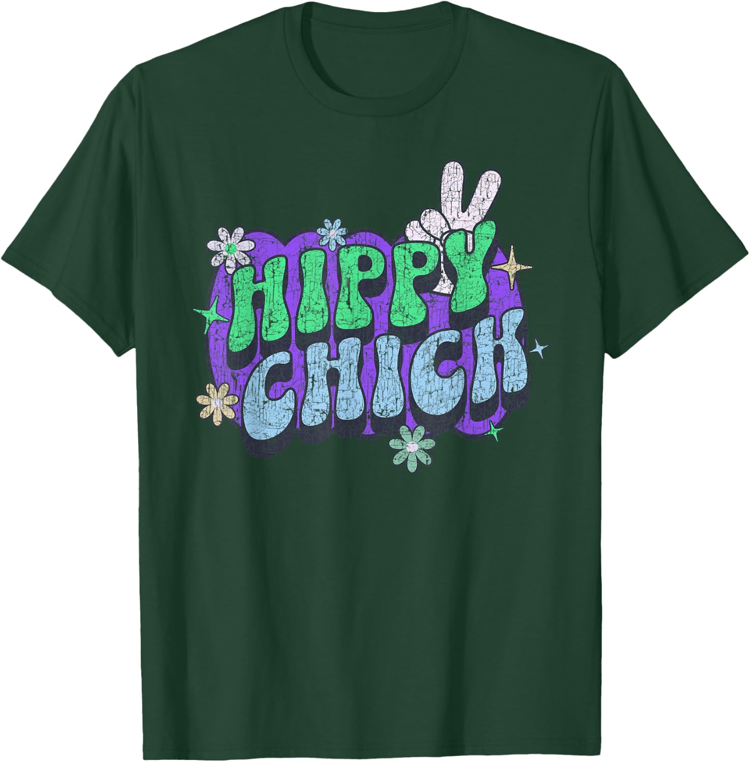 Hippy Chick, Women Girl Cute Retro Saying Hippie Floral T-Shirt - T-Shirt | Forest