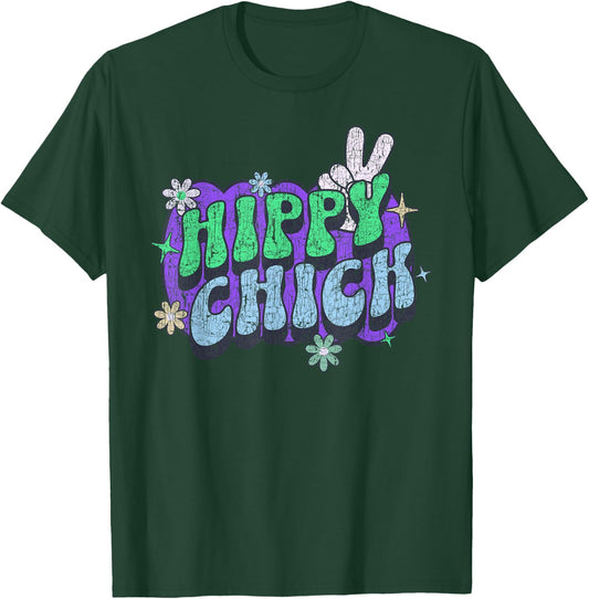Hippy Chick, Women Girl Cute Retro Saying Hippie Floral T-Shirt - T-Shirt | Forest