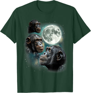 Three Chimpanzee Moon | Funny 3 Chimps Howling Parody Meme T-Shirt - T-Shirt | Forest