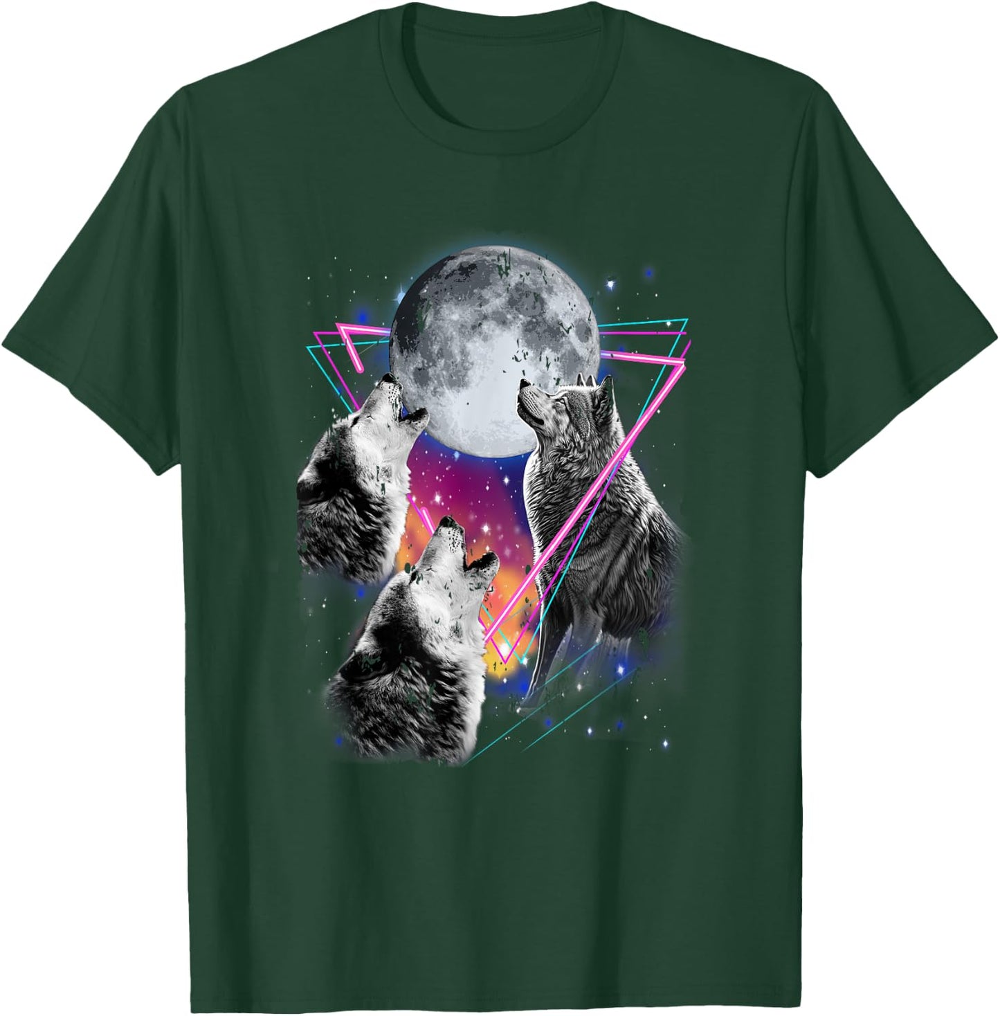Epic 3 Wolves Howling At Moon 80s Style Wolf T-Shirt - T-Shirt | Forest