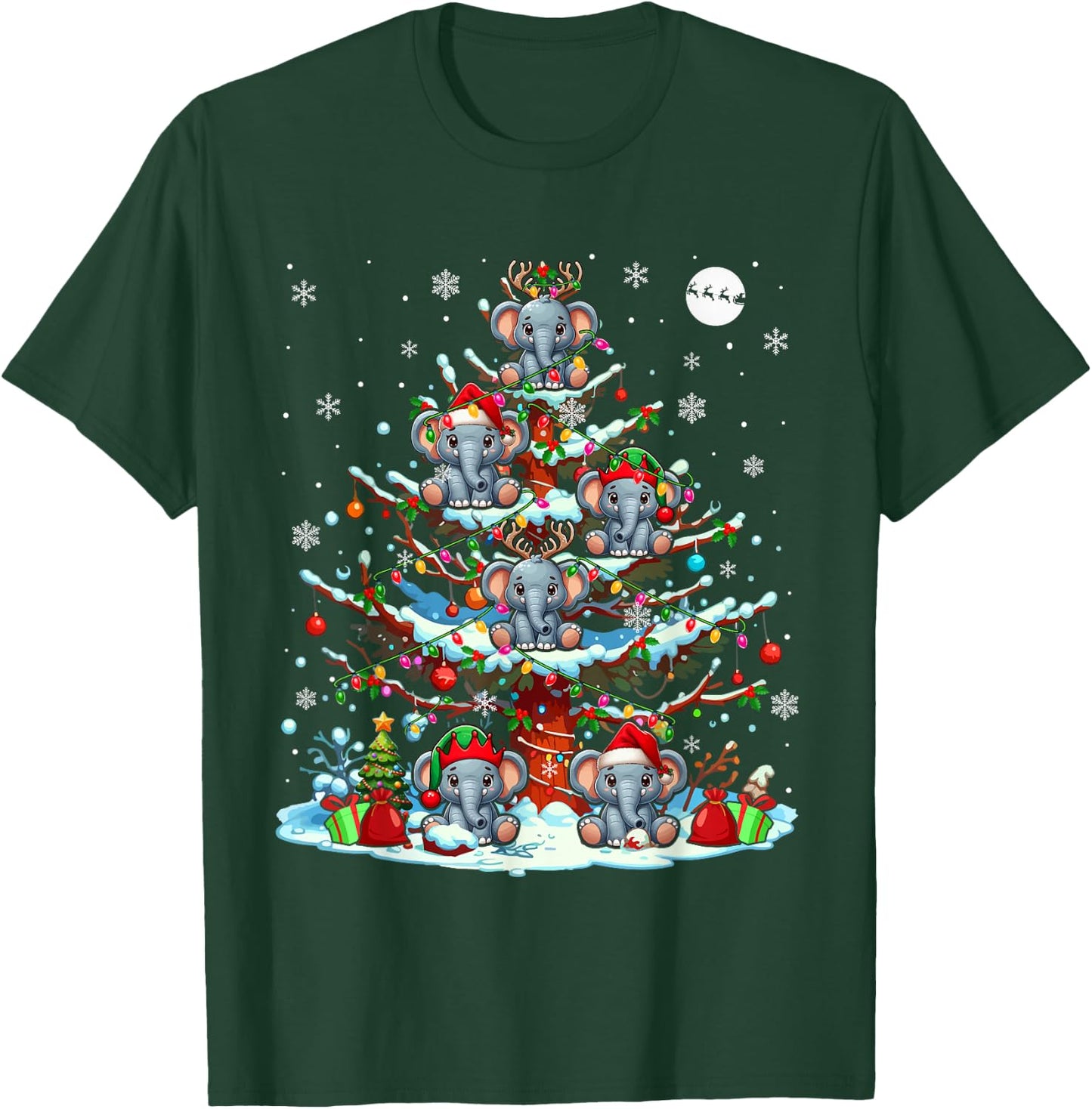Group Santa Reindeer Elf Elephants On Christmas Tree T-Shirt - T-Shirt | Forest