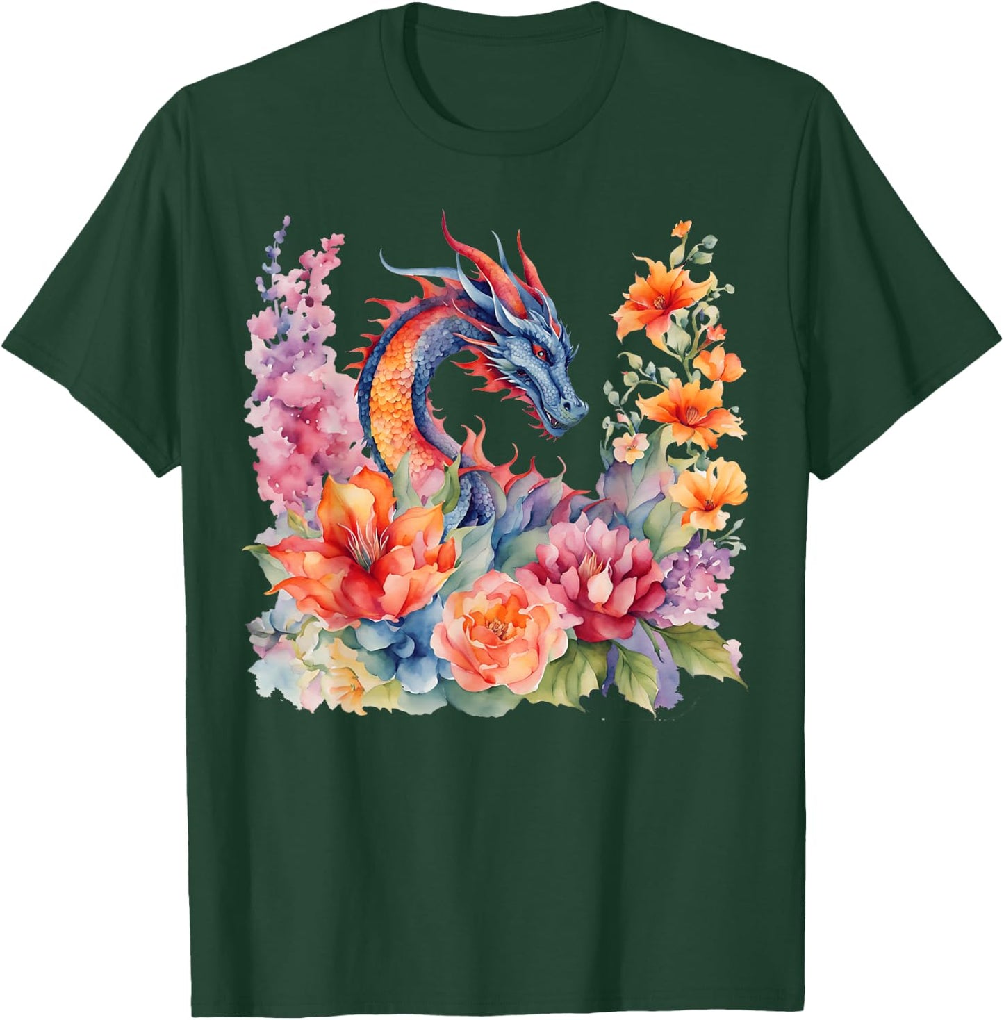 Watercolor Dragon Flowers Beautiful Art Colorful Graphic T-Shirt - T-Shirt | Forest