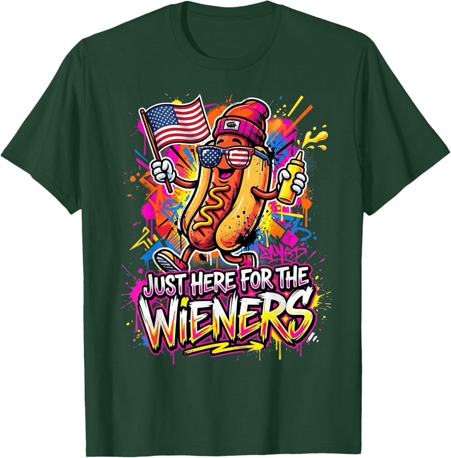 Funny Hot Dog I'm Just Here for The Wieners Fourth of July T-Shirt - T-Shirt | Forest