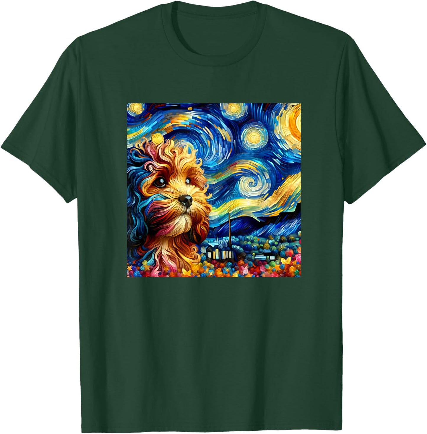 Cute Cavapoo Starry Night Painting Style Dog Art Women Kids T-Shirt - T-Shirt | Forest